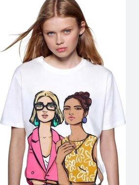 Zara White Graphic Tee Pink Blazer & Yellow Floral Top Illustration Girl Power